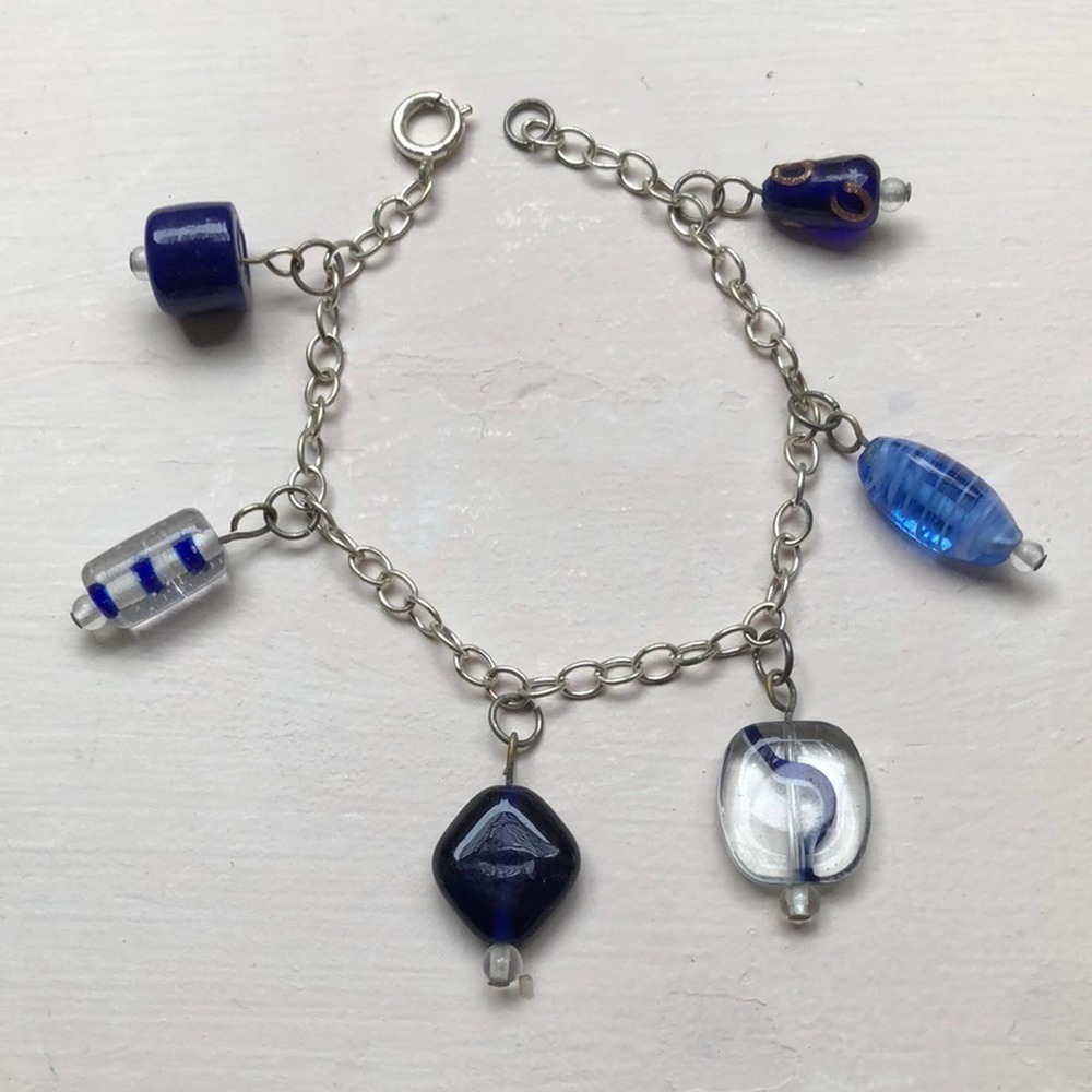 Glass Beads Blue Clear Silver Tone Chain Charm Bracelet